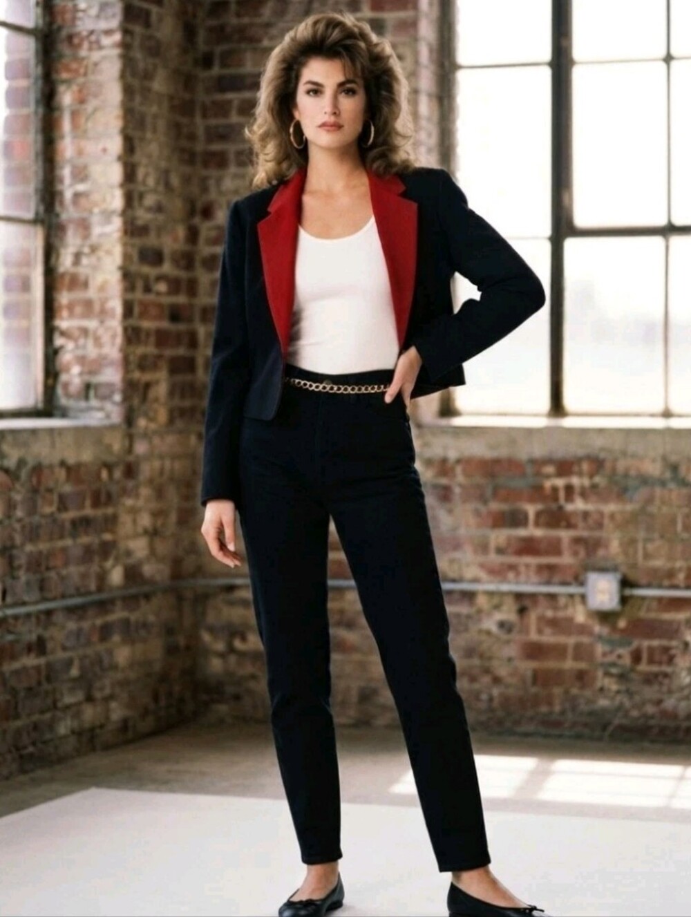 Tailored Black Straight-Leg Pants with Red-Trim Jacket